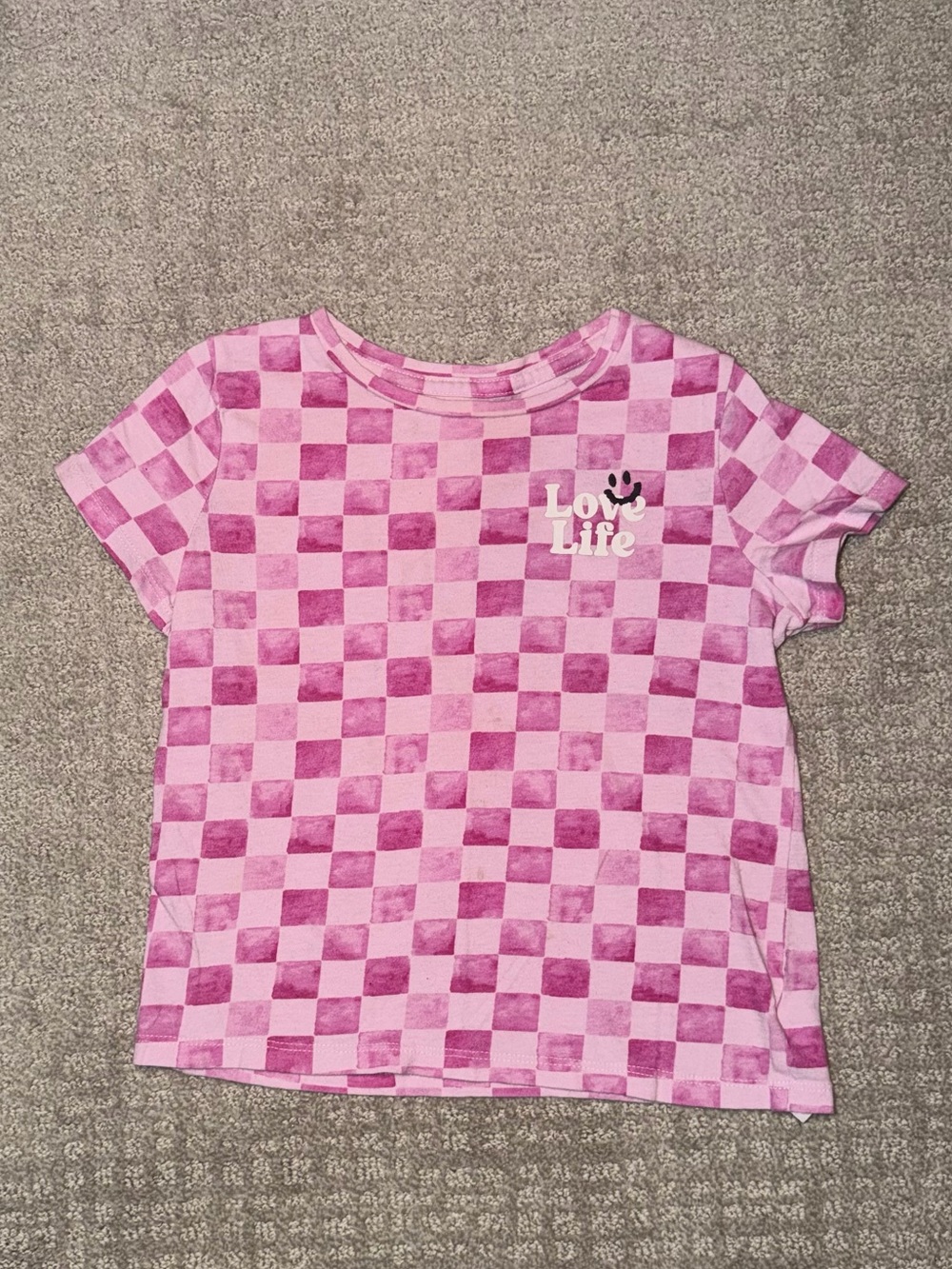 Kids Pink Checkered ”Love Life” Shirt Size S - Picture 3 of 5